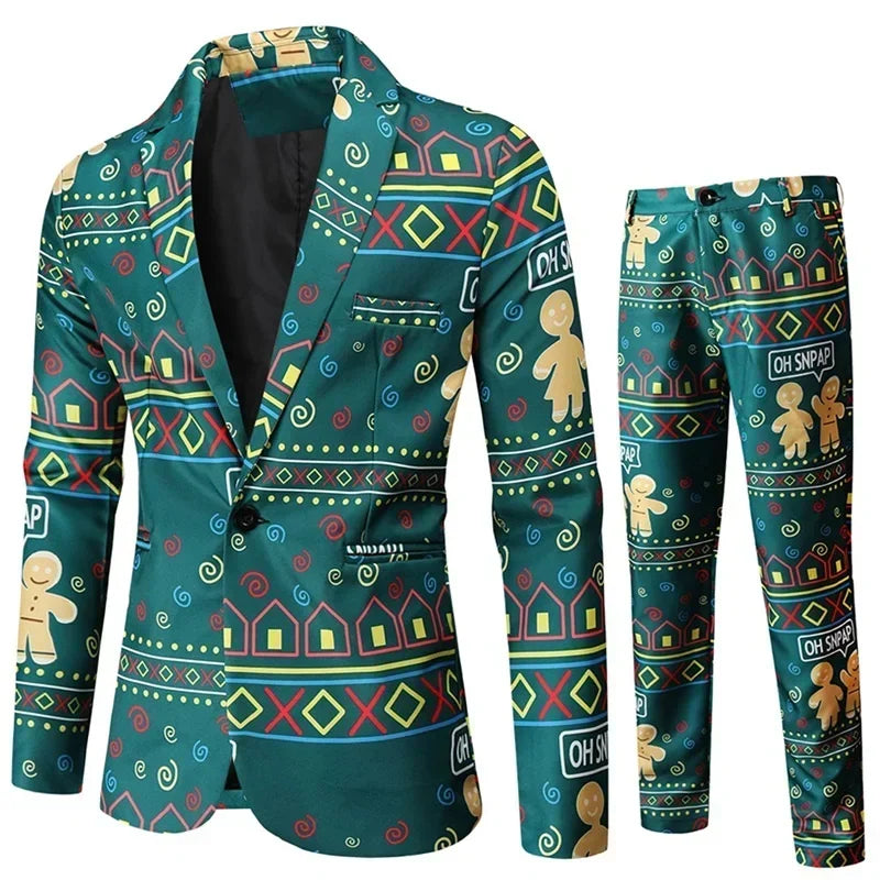 Men Tuxedo Suits Christmas 2 Piece Regular Fit Suit santa print balzer jacket pants