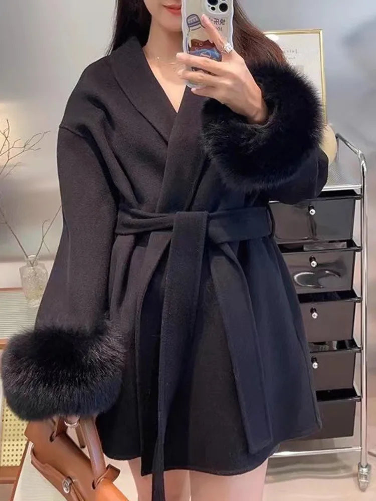 Short Lace-Up Cashmere Wool Coat