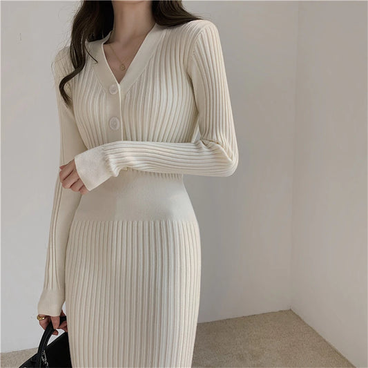 Woman's Knitted Autumn Winter Clothes V-neck Women Sweater Dress Top Woman Dress