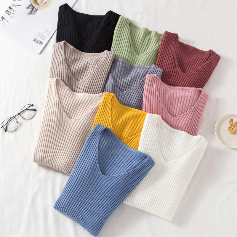 Lony Sleeve Knitted V Neck Pullover Sweater