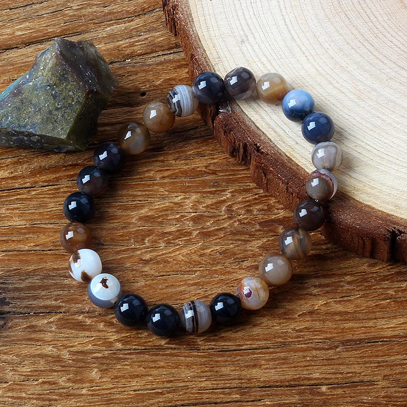 Nature Coffee Agates Stripes Onyx Bracelets Men Coffee Onyx Stripe Agates Stone Loose Beads Strand Bracelets for Women (17cm-6.7inch)