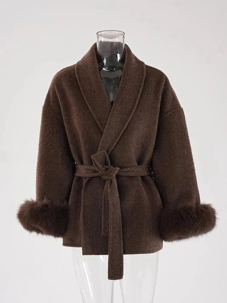 Short Lace-Up Cashmere Wool Coat