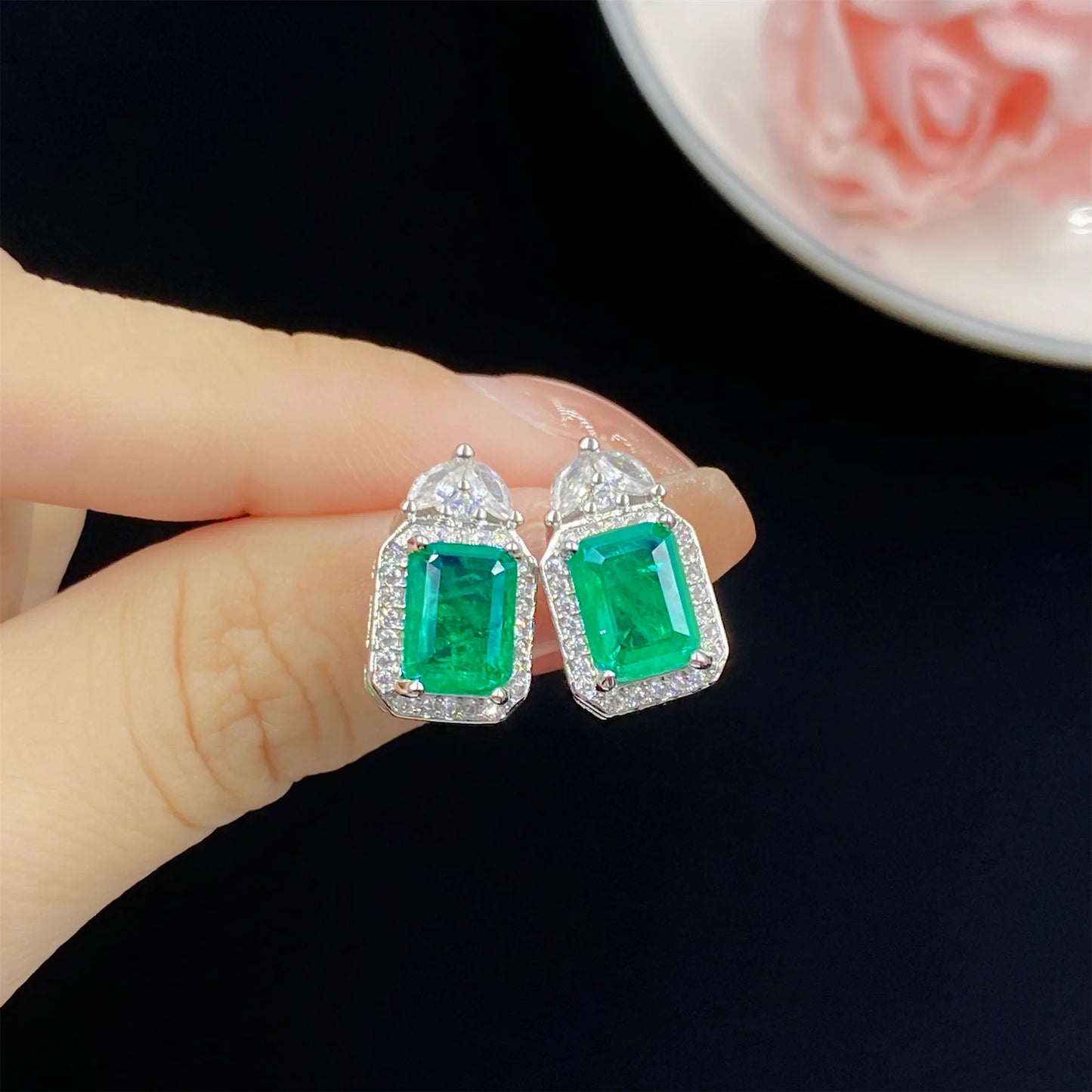 Simulation emerald tourmaline full diamond luxury princess square opening ring pendant earrings bracelet set