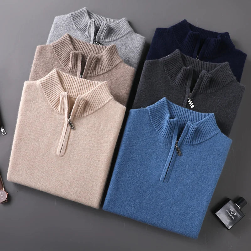 100% Goat Cashmere Men Mock-neck Sweater Zipper Pullovers