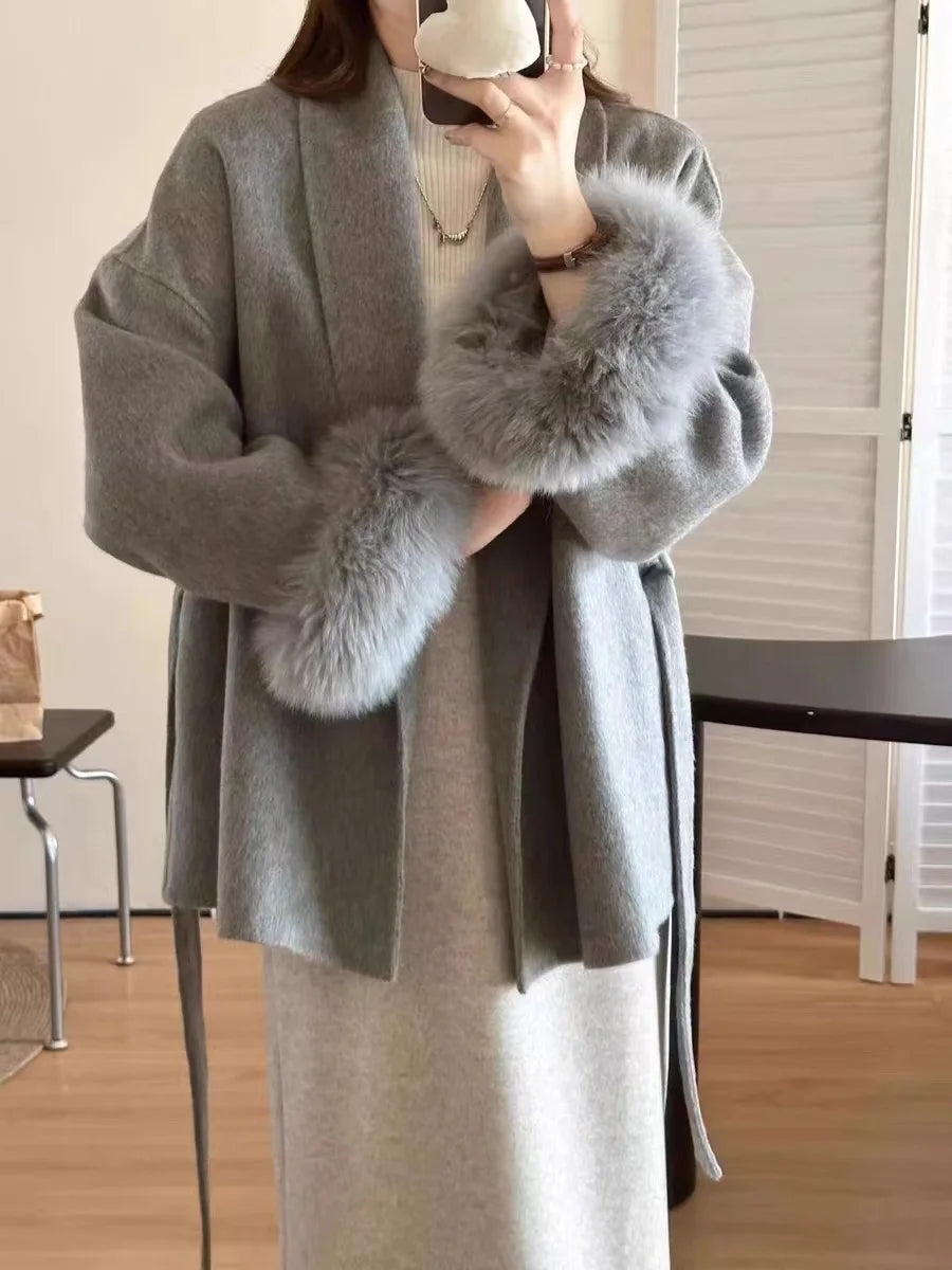 Short Lace-Up Cashmere Wool Coat