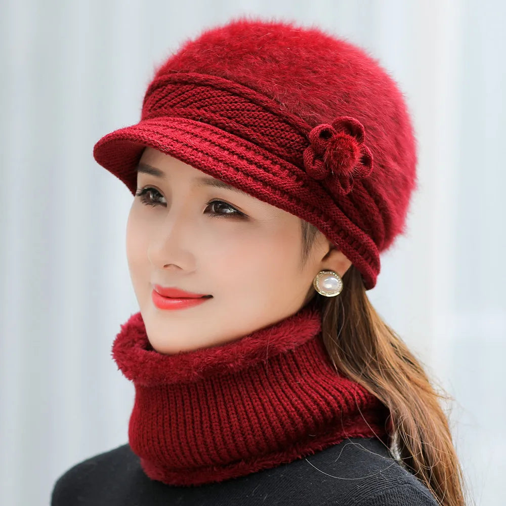 New Women Winter Hat Keep Warm Cap Add Fur Lined Hat & Scarf Warm Set