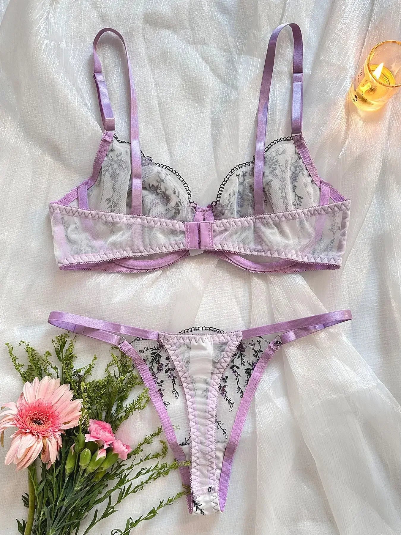 Women Lingerie - Embroidery Floral Lace Set