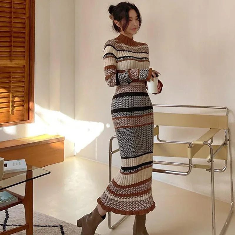 New Arrival Women's Long Dress Knit Fashion Color Block Sweater Base Skirt Korean Style Elegant Slimming Women Clothing