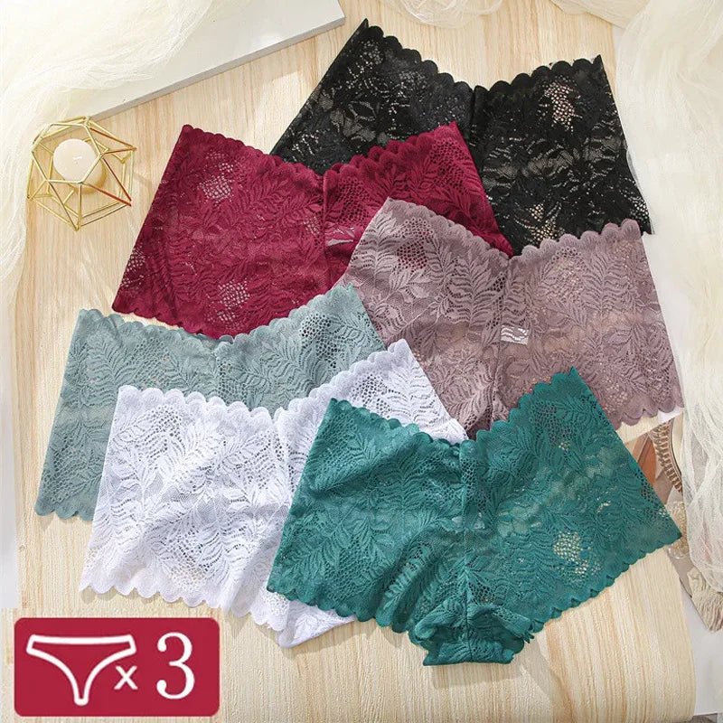 3Pcs/Set Women Lace Boyshorts Sexy Underpants Low Rise Panties