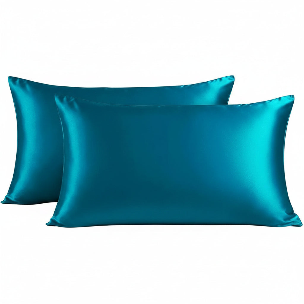 Teal satin pillowcase on a white background