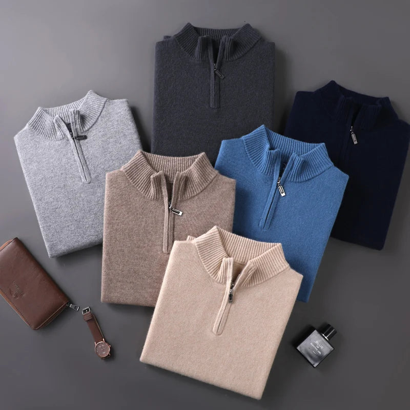 100% Goat Cashmere Men Mock-neck Sweater Zipper Pullovers