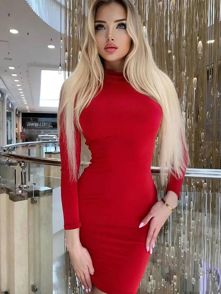 Long Sleeve Slim Bodycon Mini Dress Women Turtleneck