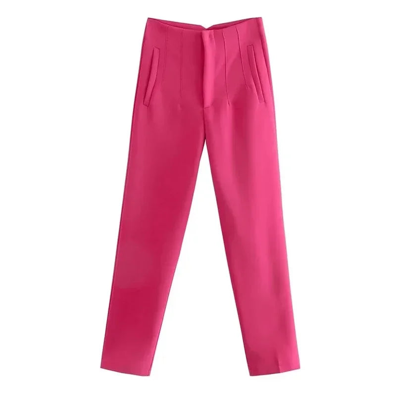 TRAF Fashion Office Wear High waist Pants for Women Formal Pants Office outfits Pencil Trousers Black Pink White Ladies Pants (Size M, S, XS.