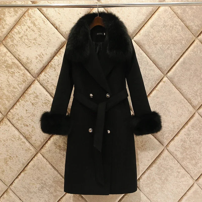 Women Pink woolen cloth Blend Coat 2024 Autumn Winter Double Breasted Mid Length Wool Outwear Korean Loose Femael Overcoat Tide