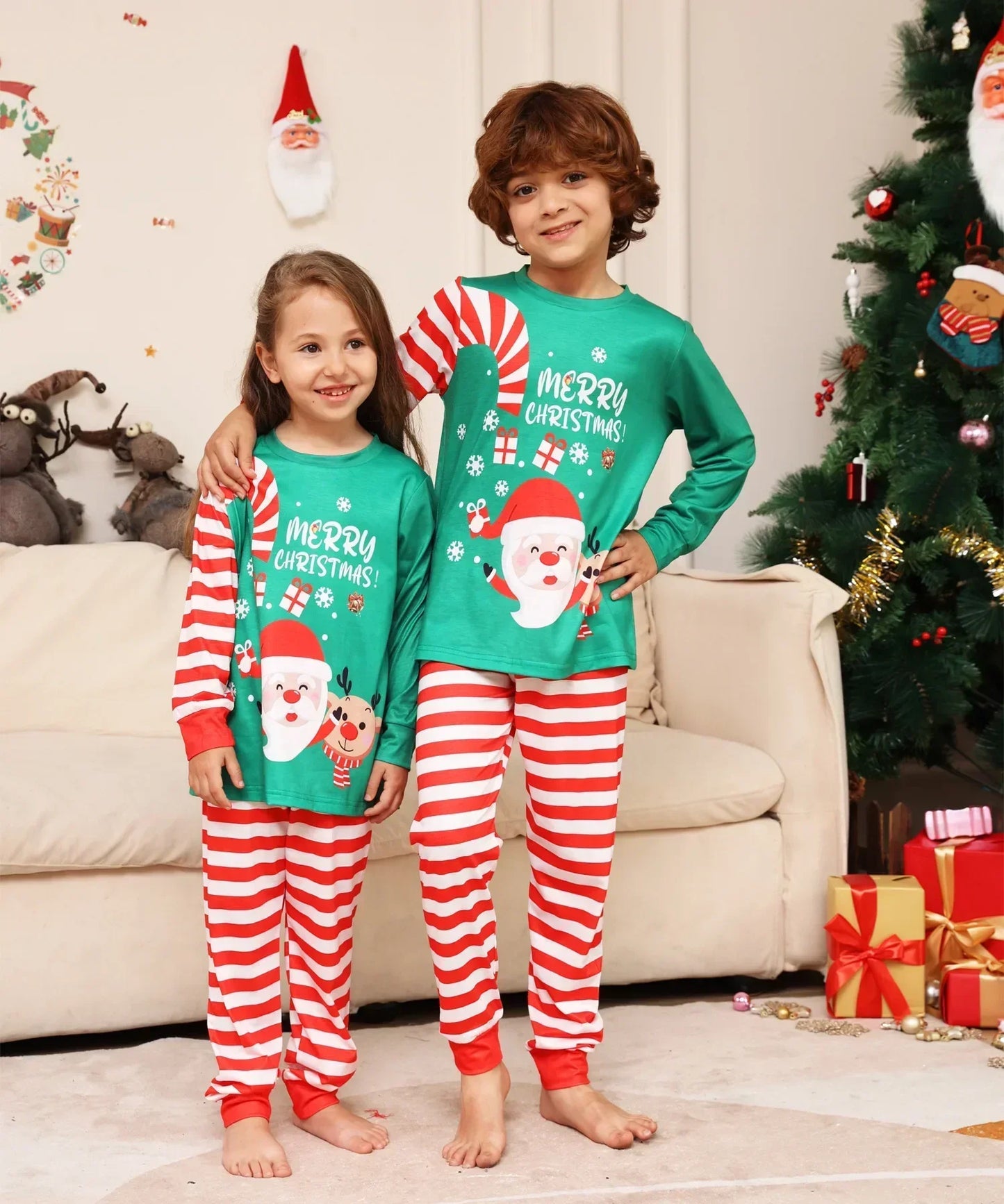 Merry Christmas Cartoon Striped Print Family Pajamas Set