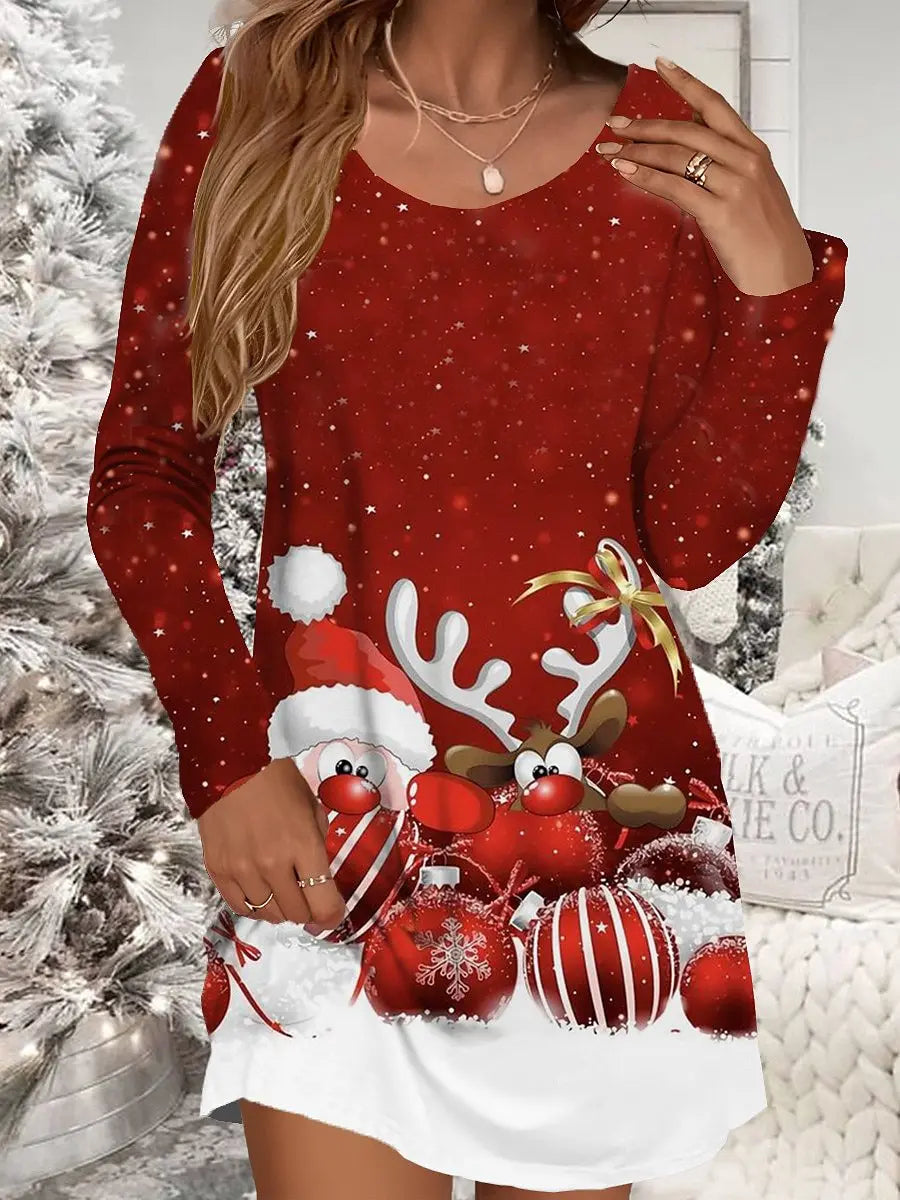 Women's Red Christmas Dress Casual Christmas Print Mini Dress