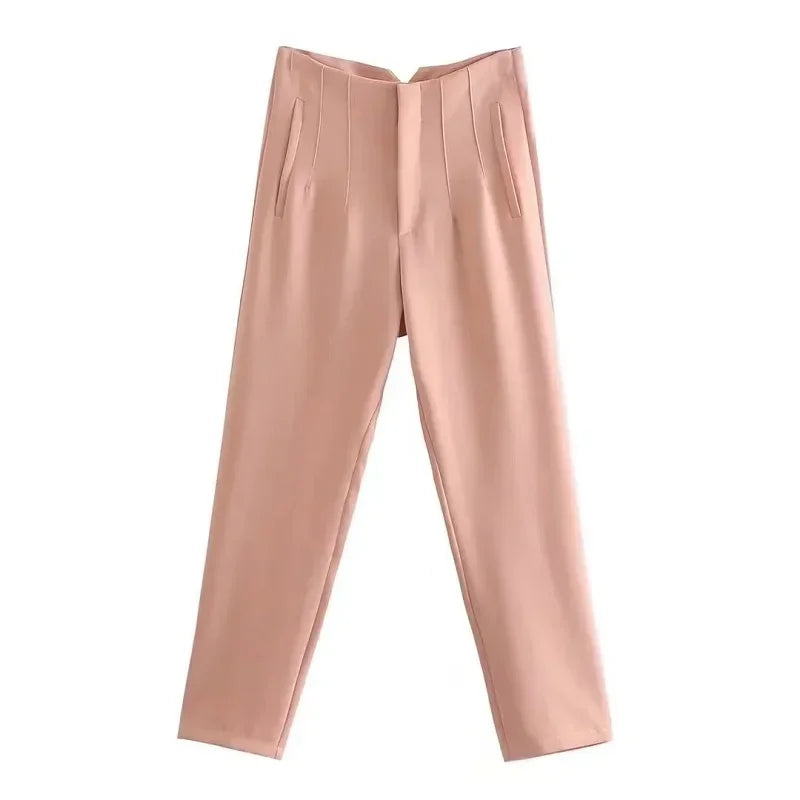 TRAF Fashion Office Wear High waist Pants for Women Formal Pants Office outfits Pencil Trousers Black Pink White Ladies Pants (Size M, S, XS.