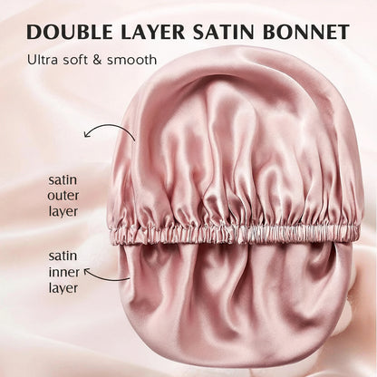 Pink silk bonnet with text highlighting its features on a soft pink background
