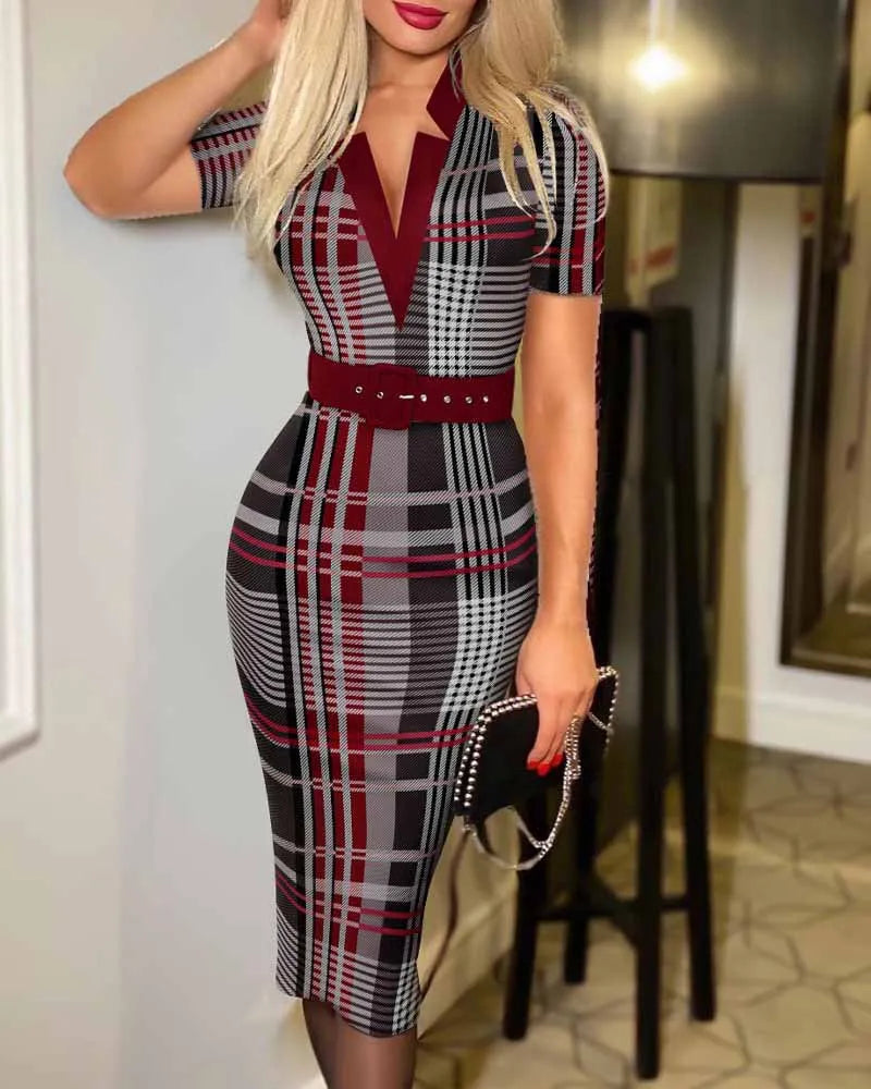 Sexy Geometric Pattern V-Neck Midi Pencil Dress with Belt - Long Sleeve Knit Bodycon for All Seasons