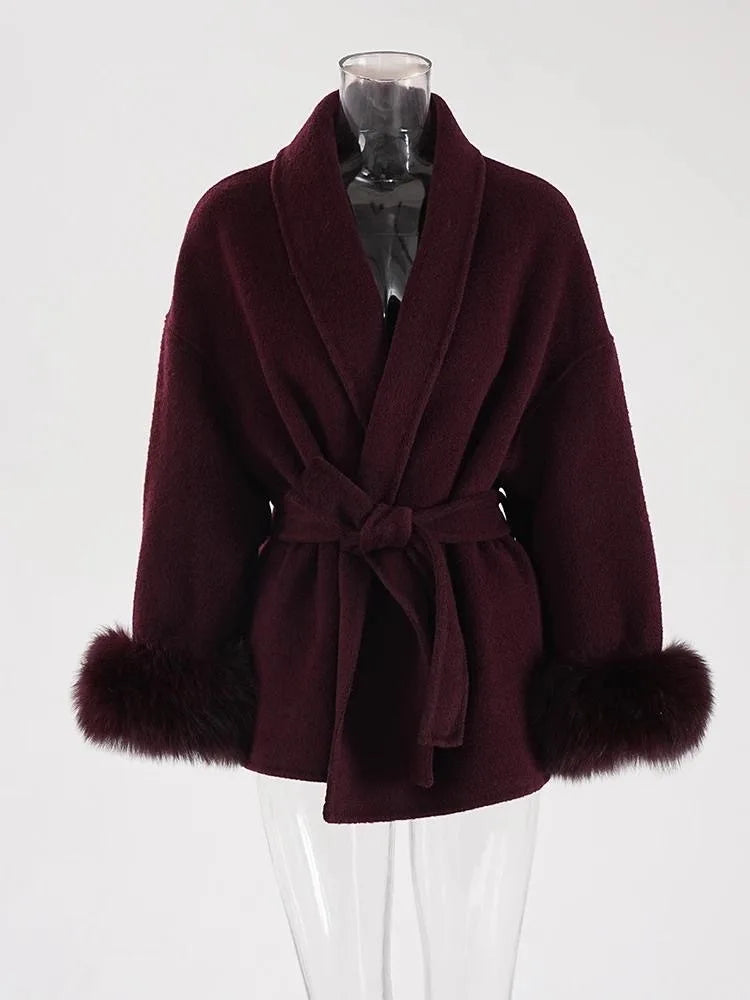 Short Lace-Up Cashmere Wool Coat