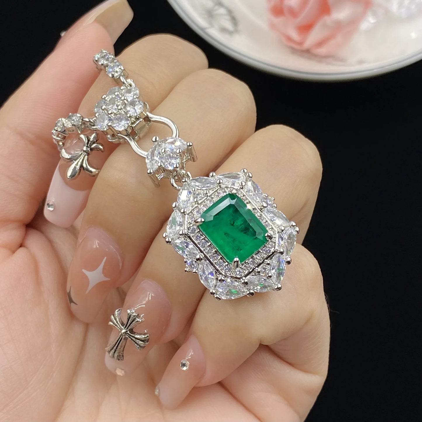 Simulation emerald tourmaline full diamond luxury princess square opening ring pendant earrings bracelet set