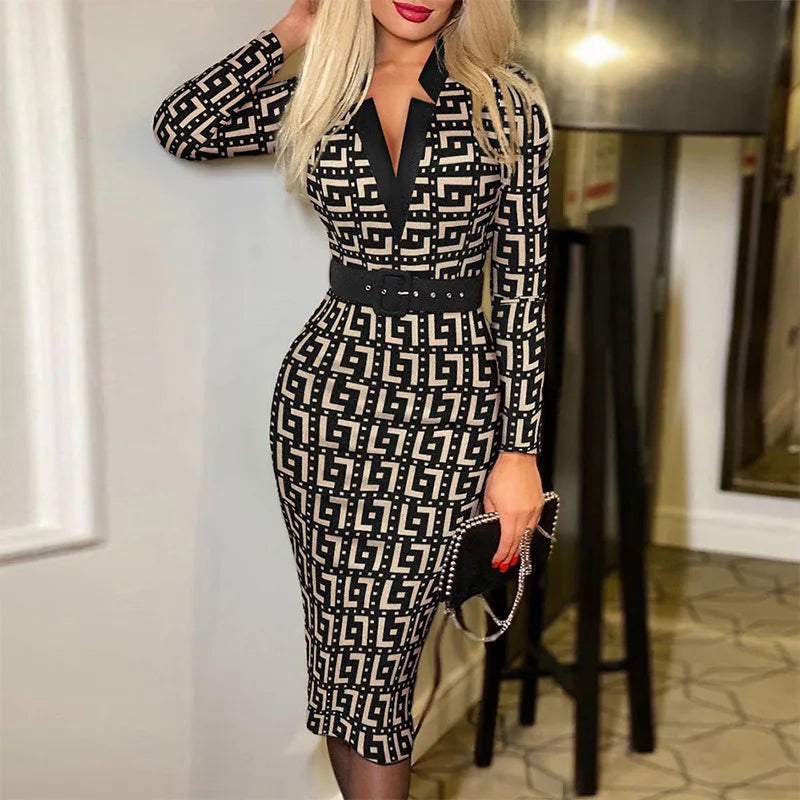 Sexy Geometric Pattern V-Neck Midi Pencil Dress with Belt - Long Sleeve Knit Bodycon for All Seasons