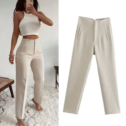 TRAF Fashion Office Wear High waist Pants for Women Formal Pants Office outfits Pencil Trousers Black Pink White Ladies Pants (Size M, S, XS.