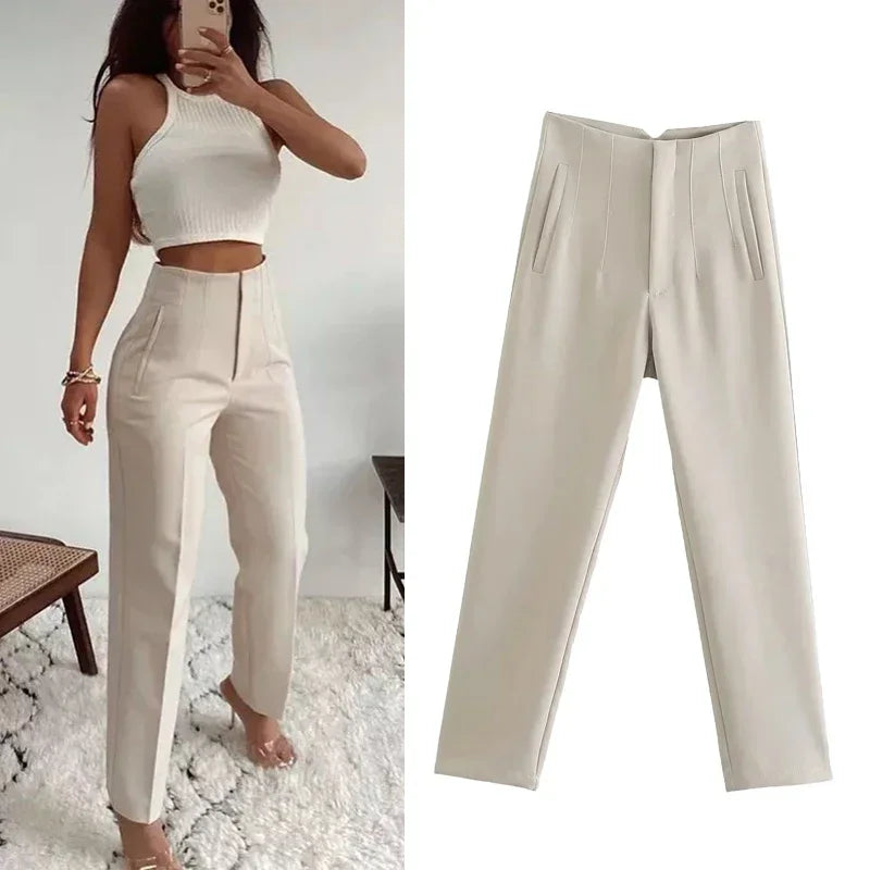 TRAF Fashion Office Wear High waist Pants for Women Formal Pants Office outfits Pencil Trousers Black Pink White Ladies Pants (Size XL, L)