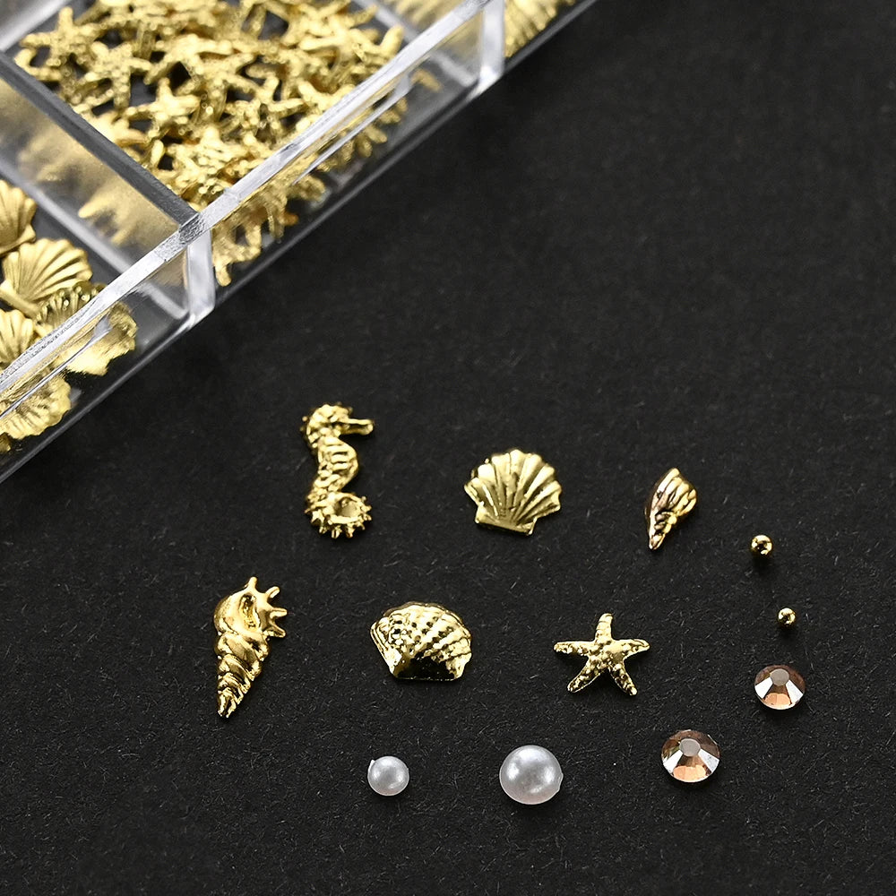 Ocean Gold Nail Art Charms – 12 Grids 3D Shell & Studs