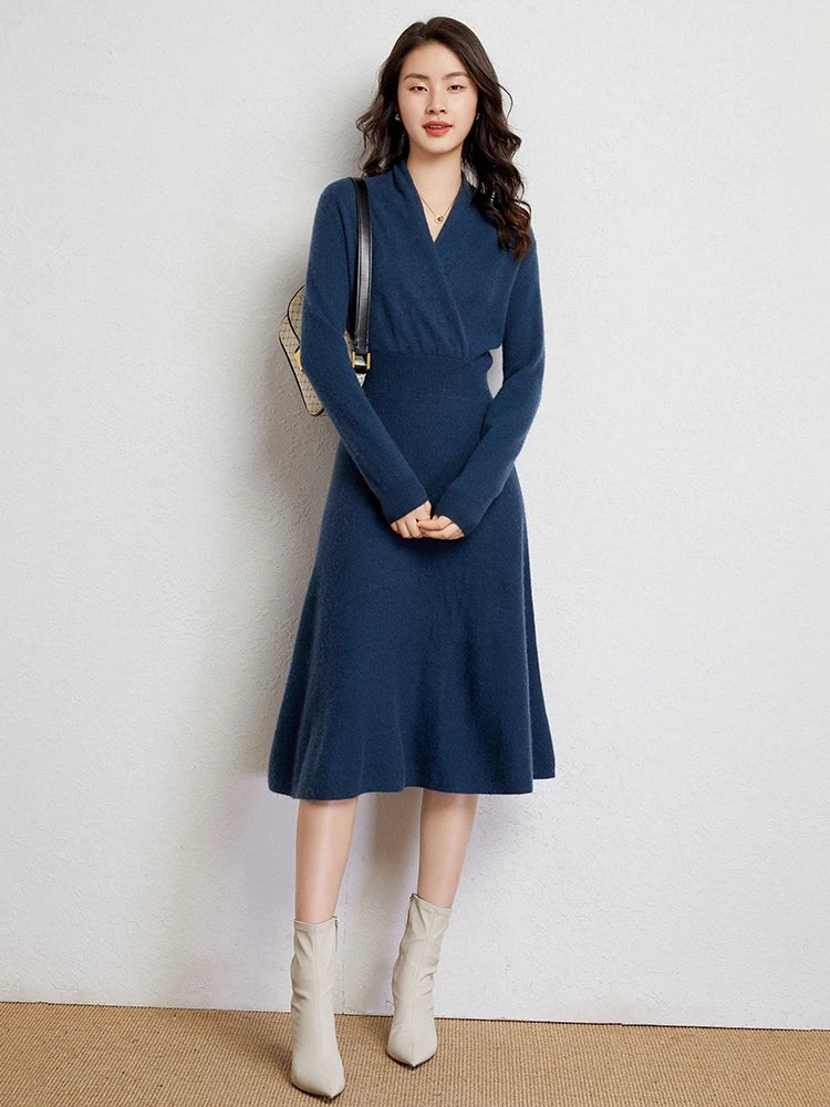 Women's 100% Cashmere V-Neck Dress Sweater