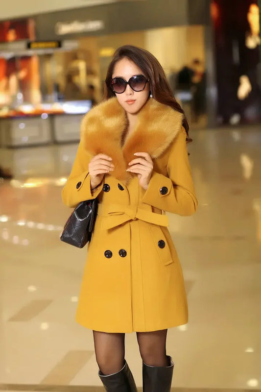 Mid Length Wool Coats Women Fur Collar Double Breasted Lace Up Belt