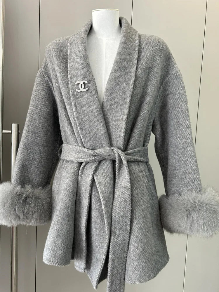 Short Lace-Up Cashmere Wool Coat