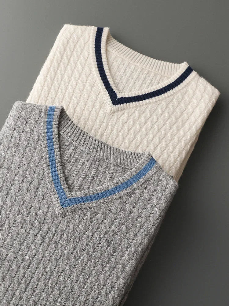 Pull col V en cachemire pour homme – Maille contrastée