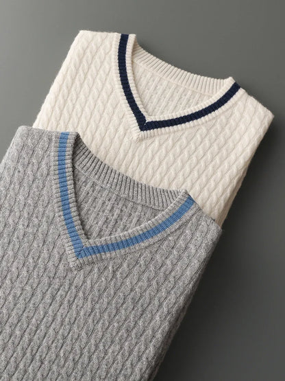 Pull col V en cachemire pour homme – Maille contrastée