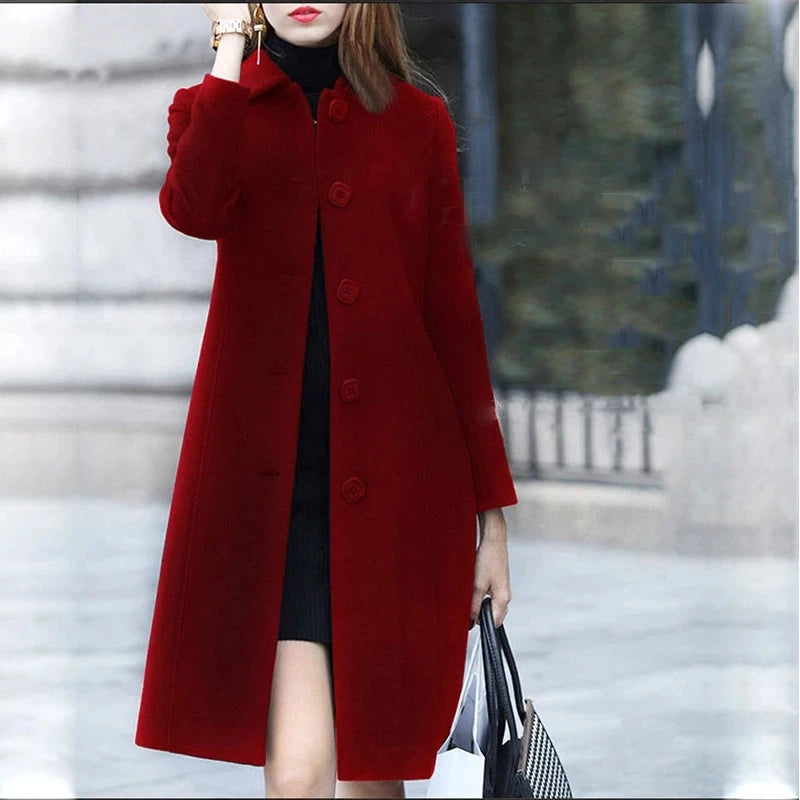 New Fashion British Solid Button Wool Coat Women