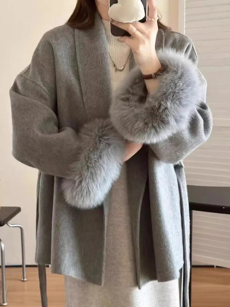Short Lace-Up Cashmere Wool Coat