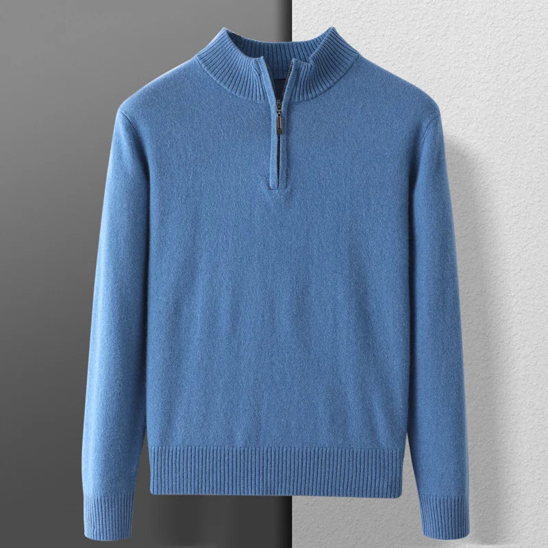 100% Goat Cashmere Men Mock-neck Sweater Zipper Pullovers