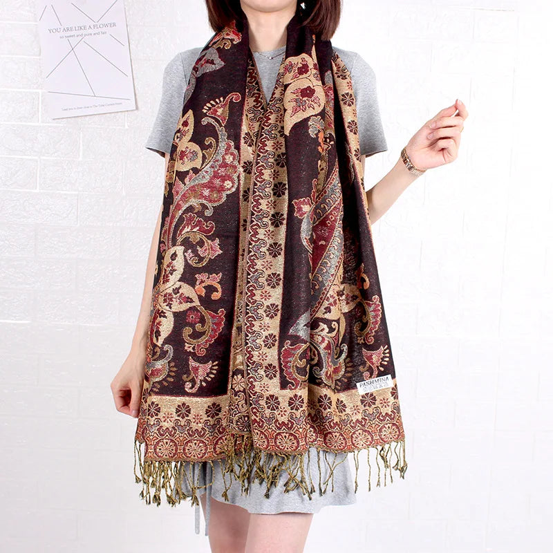 Paisley Pashmina Shawl Jacquard Flowers Borders Female Tassel Blanket Wraps Ethnic Shawls