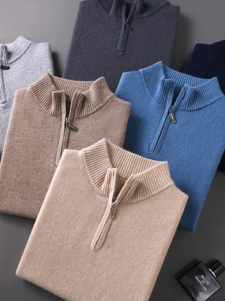 100% Goat Cashmere Men Mock-neck Sweater Zipper Pullovers