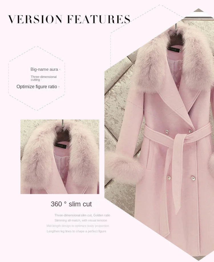 Women Pink woolen cloth Blend Coat 2024 Autumn Winter Double Breasted Mid Length Wool Outwear Korean Loose Femael Overcoat Tide