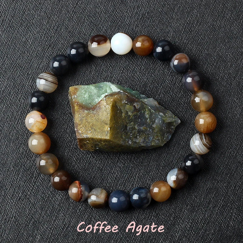 Nature Coffee Agates Stripes Onyx Bracelets Men Coffee Onyx Stripe Agates Stone Loose Beads Strand Bracelets for Women (17cm-6.7inch)