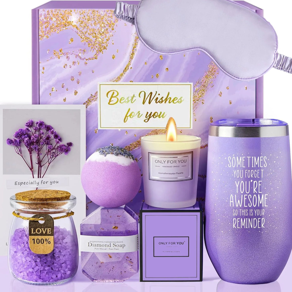 Lavender Spa Gift Set – Tumbler, Bath Salts & Eye Mask