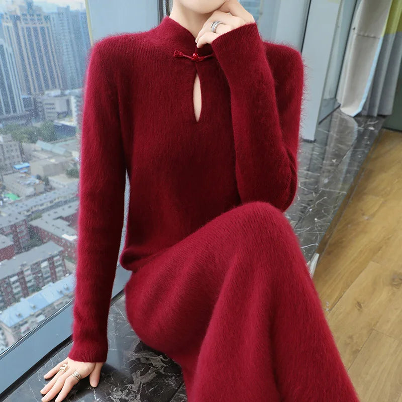 100% Cashmere Dress Women's Stand up collar Pullover Long Skirt Slim Fit Fashion