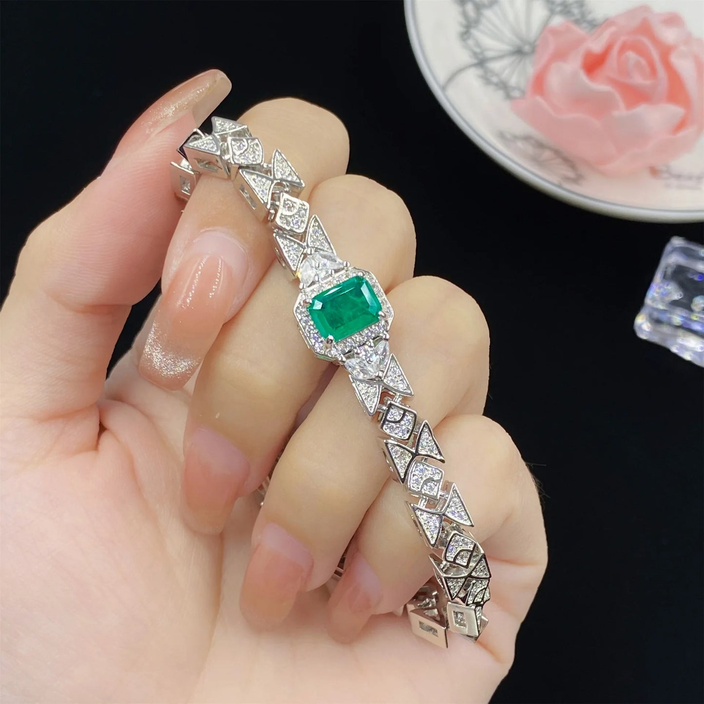 Simulation emerald tourmaline full diamond luxury princess square opening ring pendant earrings bracelet set