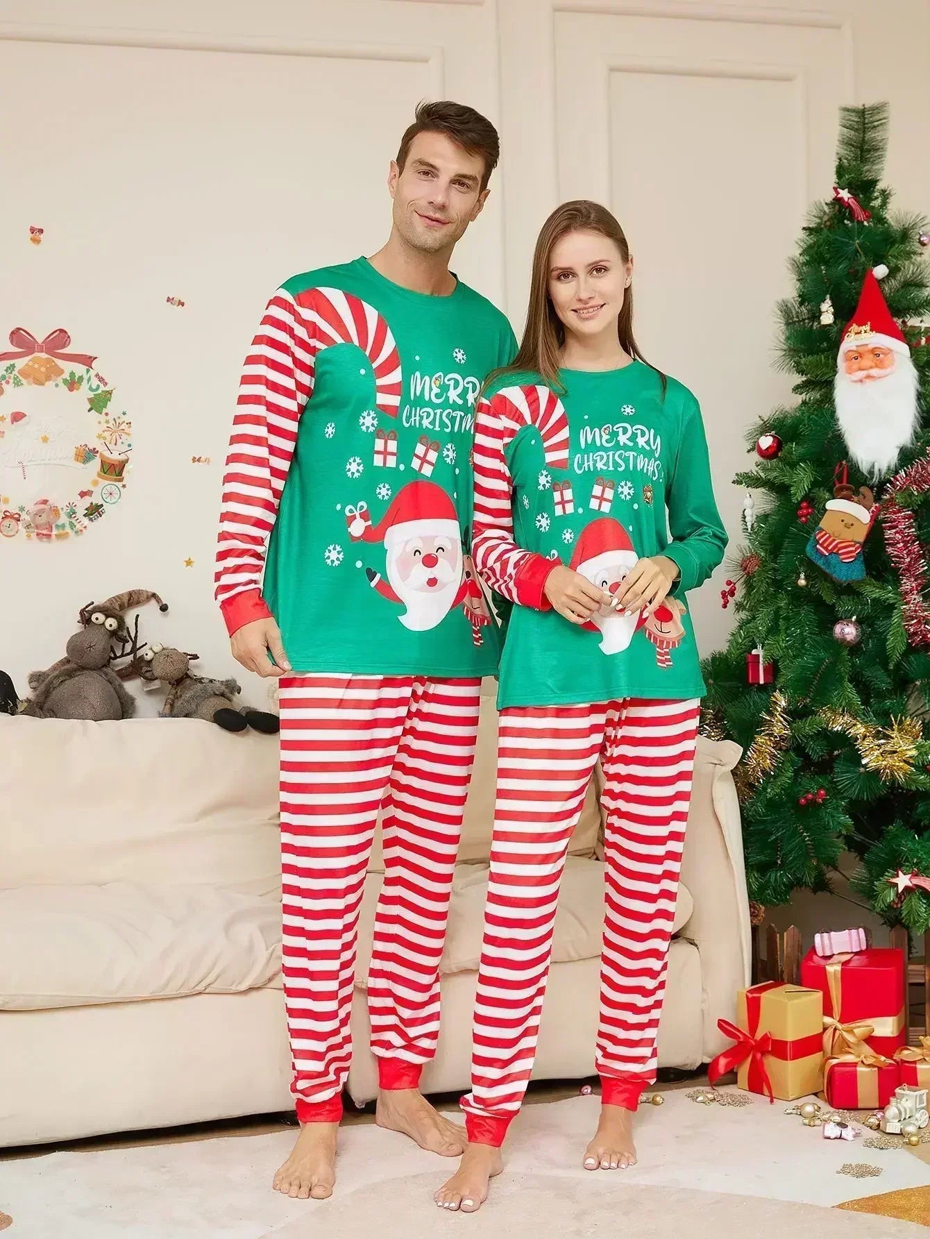 Merry Christmas Cartoon Striped Print Family Pajamas Set