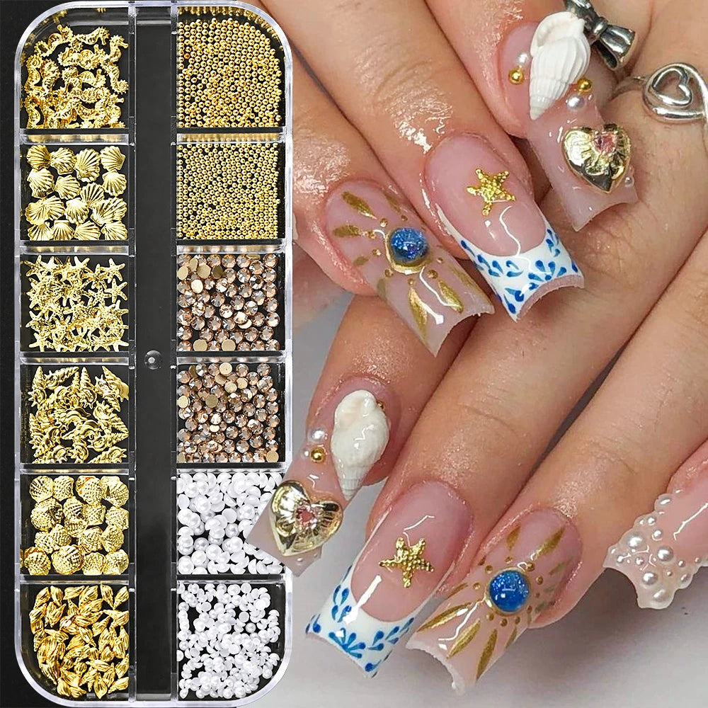 Ocean Gold Nail Art Charms – 12 Grids 3D Shell & Studs