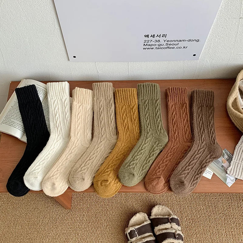 New Cashmere Wool Socks Women's Winter Thicken Warm Black White Pack Set Thermal Japanese Fashion Solid Color