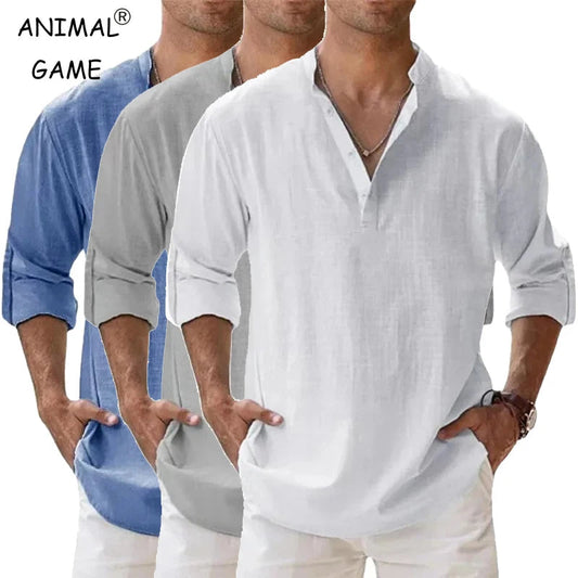 Cotton-Linen Henley Shirt Long Sleeve RIAZ EXPRESS.COM