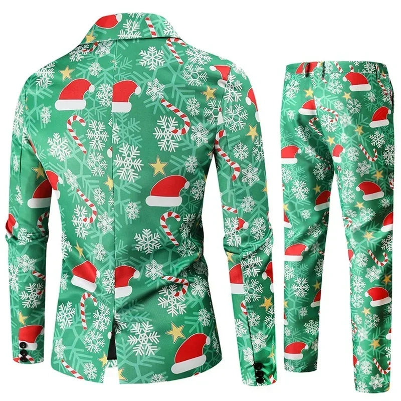 Men Tuxedo Suits Christmas 2 Piece Regular Fit Suit santa print balzer jacket pants