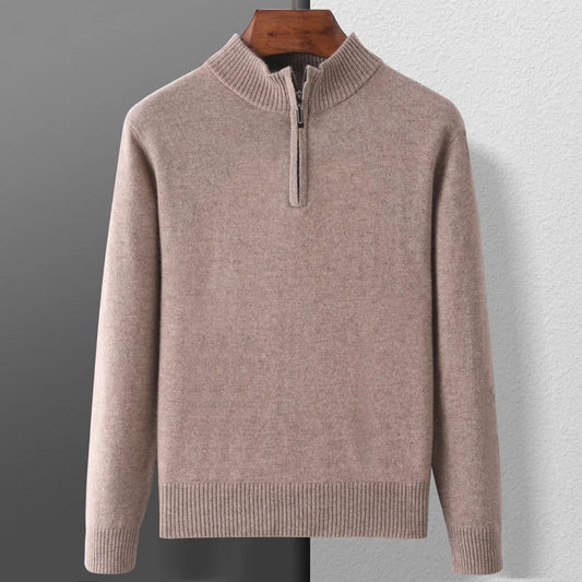 100% Goat Cashmere Men Mock-neck Sweater Zipper Pullovers